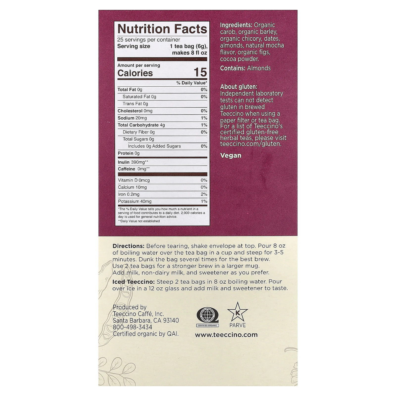 Roasted Herbal Tea, Mocha, Caffeine Free, 25 Tea Bags, 5.3 oz (150 g)