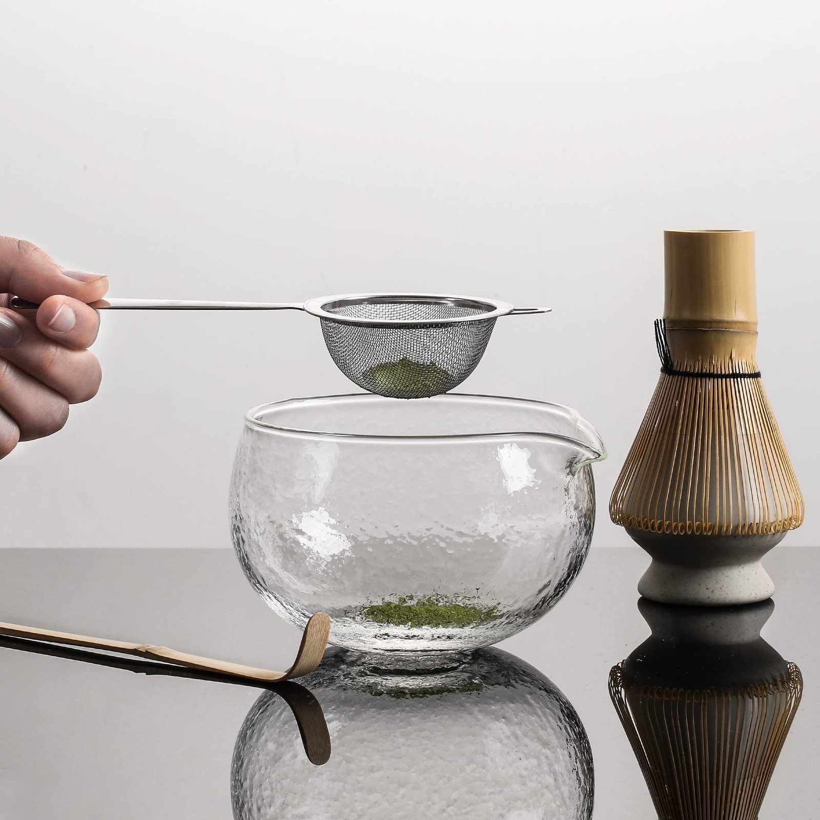 Bamboo Matcha Set – 13.5oz Glass Bowl, 100 Prong Whisk, Scoop – Travel Kit