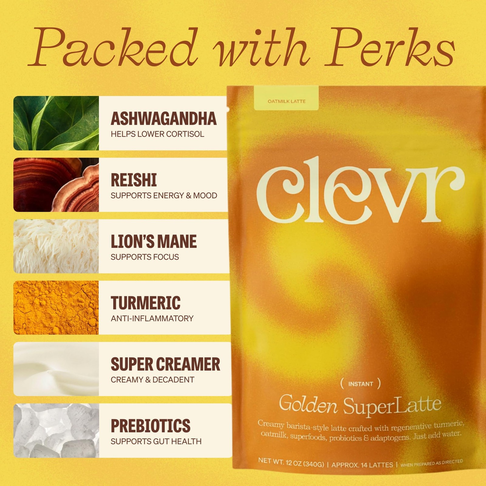 Clevr Turmeric Powder, Golden Milk Instant Latte Mix, Superfood Powder with L…