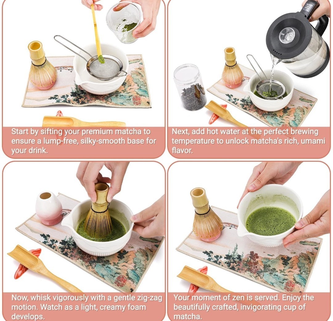 Matcha Whisk Set Pink, 6 Pcs Matcha Set Includes Matcha Bowl with Spout,Open Box