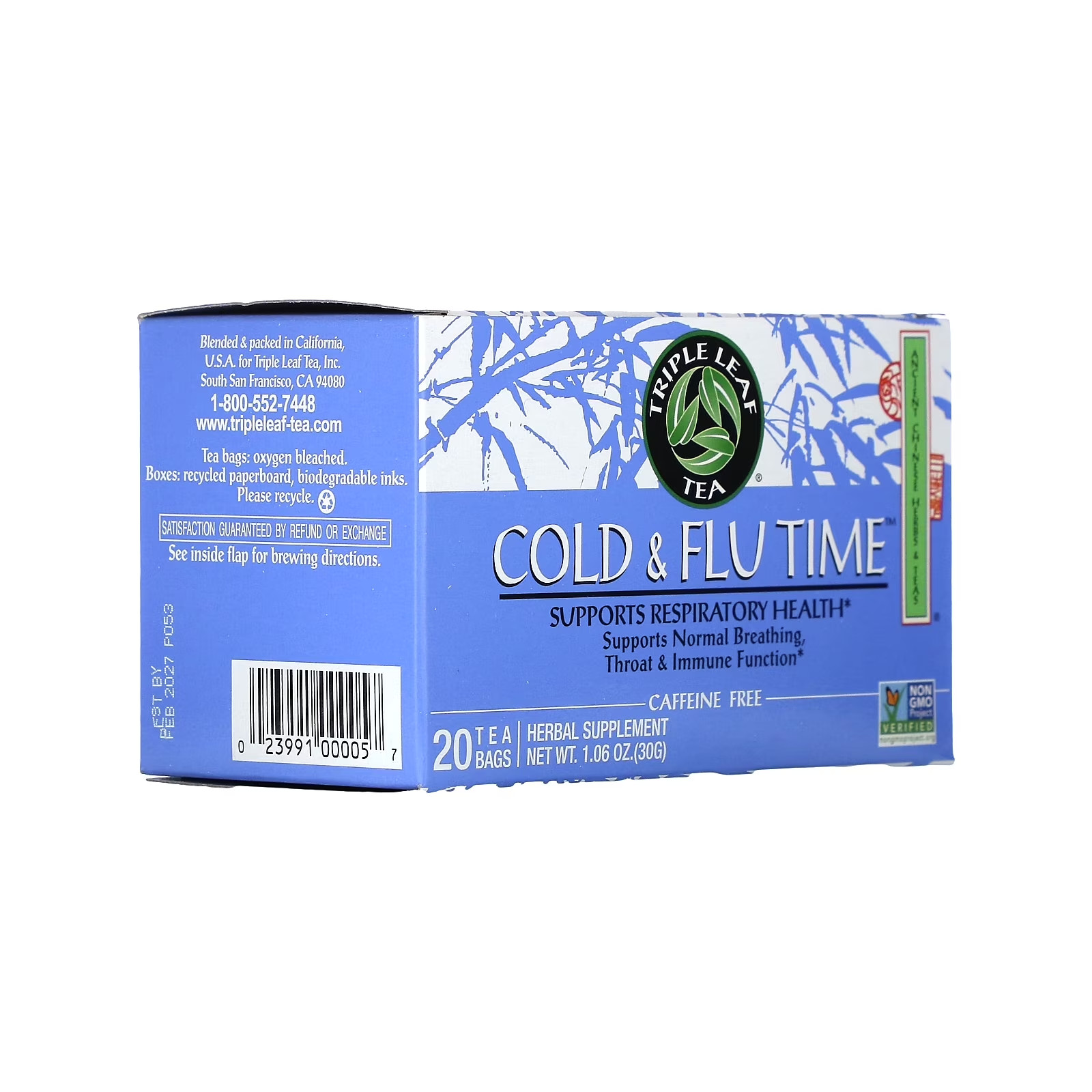 Triple Leaf Tea COLD & FLU TIME Caffeine Free 20 Tea Bags 1.06oz box