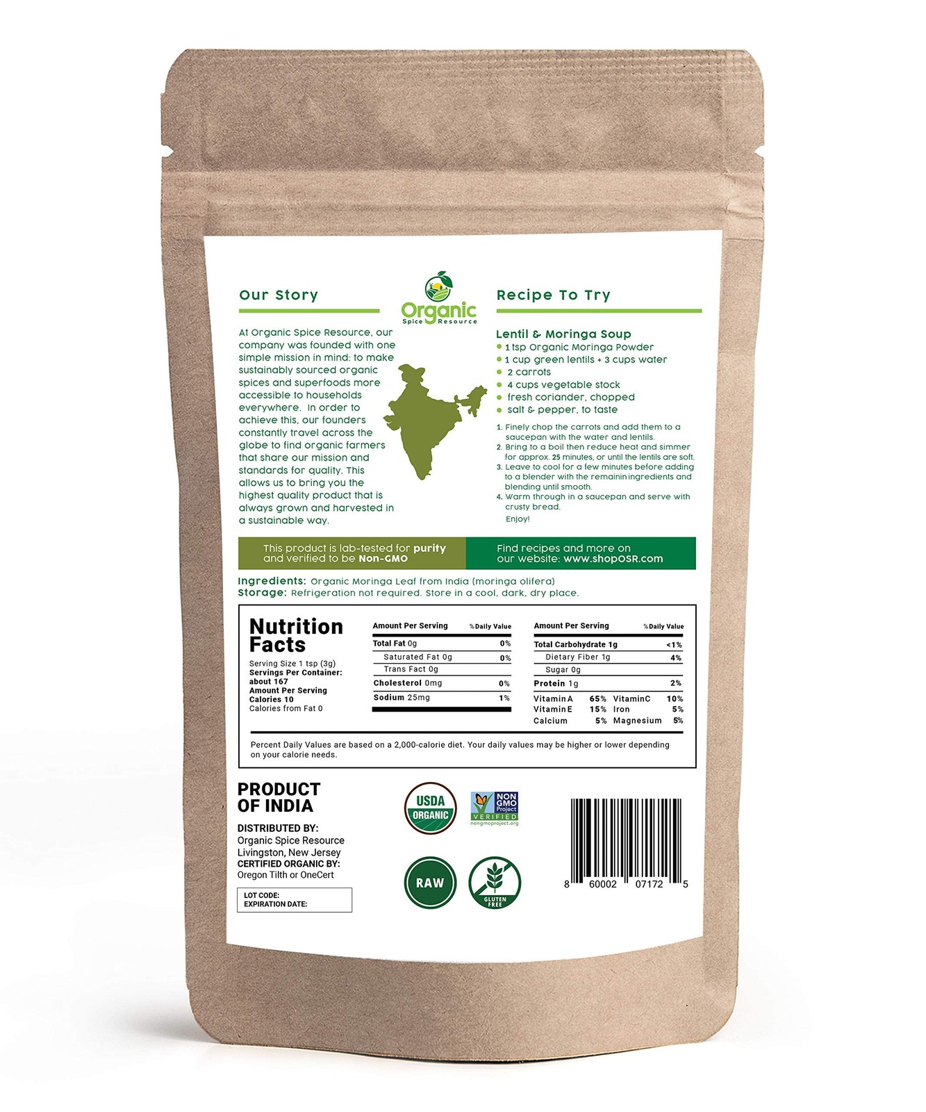 USDA Organic Moringa Powder 1.10 lbs – Non-GMO, Kosher, Halal, 100% Raw Natural