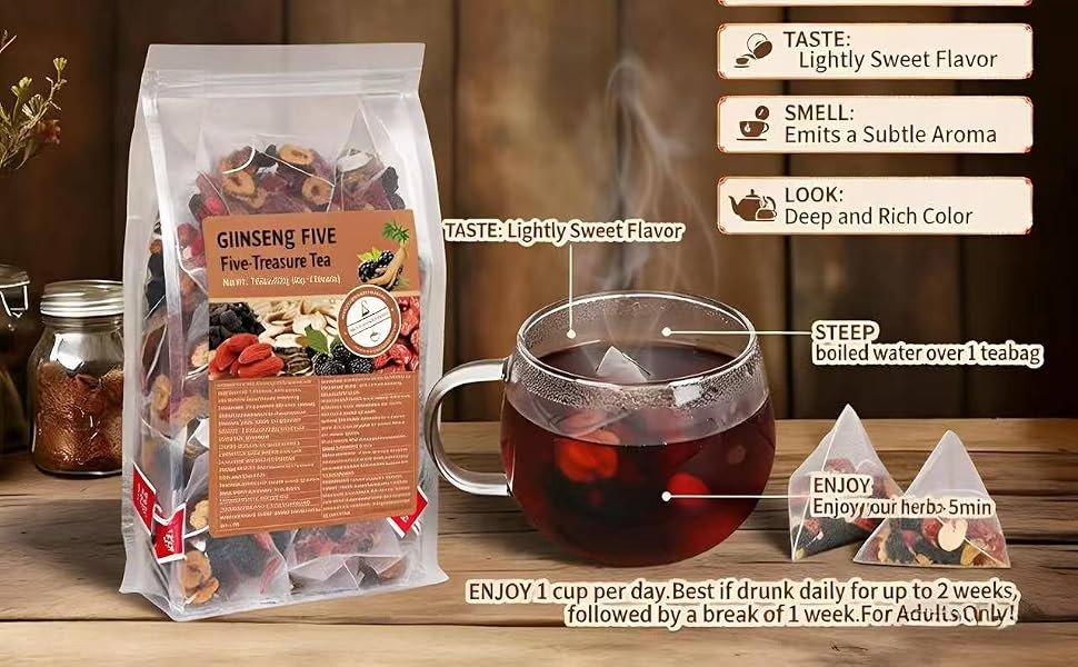 Ginseng Five Treasure Herbal Tea Bags, Traditional Natural Herbal Wellness Tea
