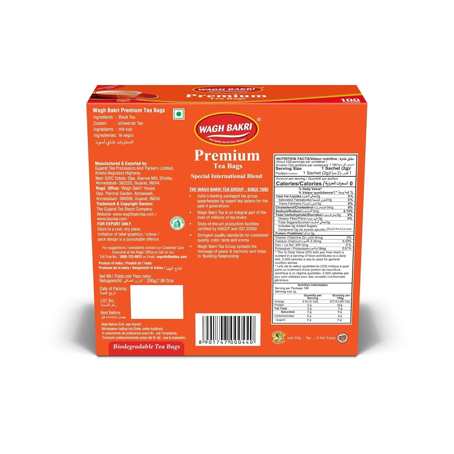 Wagh Bakri Premium Tea Bags, Special International Blend, 100 Count, 200g