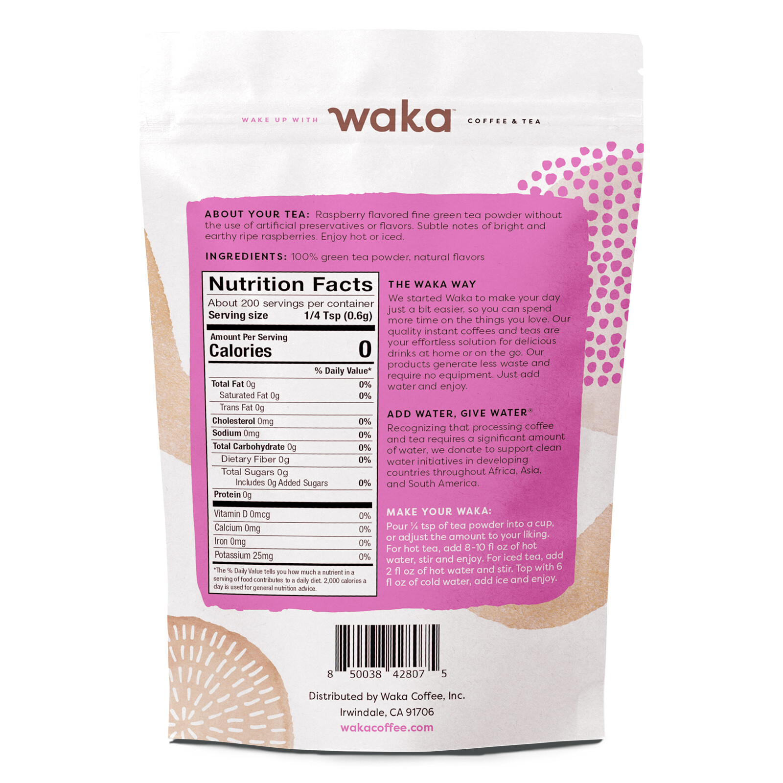 Waka Coffee Quality Instant Tea, Kenyan & Chinese, Raspberry Green Tea Powder