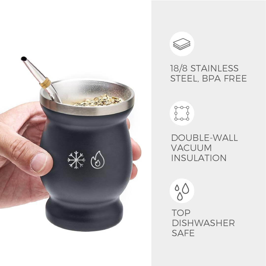 Stainless Steel Double-Wall Mate Cup and Bombilla Set – Yerba Mate Set Includes