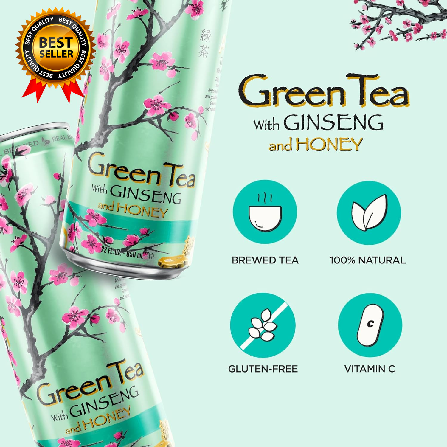 Green Tea with Ginseng and Honey Big Can 22 Fl Oz (Pack of 12)