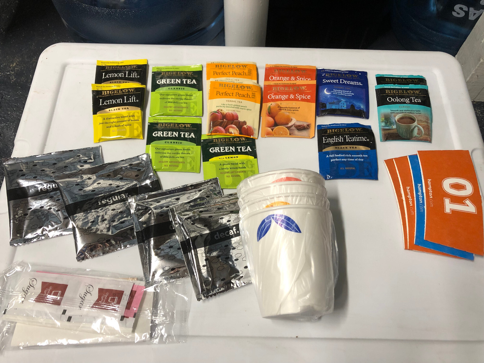 LOT of Bigelow Tea, Coffee Cups, Regular/Decaf Packet, Sugars