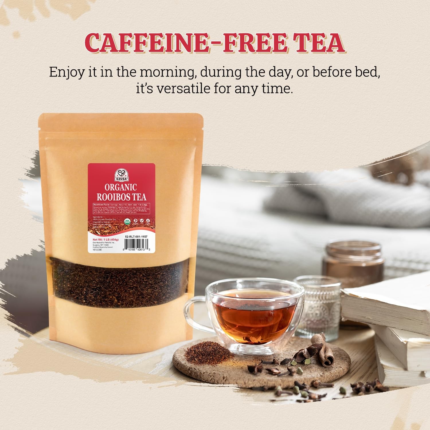 52USA Organic Rooibos Tea, 1 LB, Red Loose Leaf Naturally 16 oz