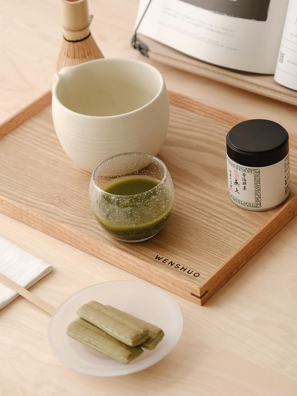 WENSHUO Matcha Whisk Sets (Matte Crème) with Wooden Tray and Ribbon Gift Box …