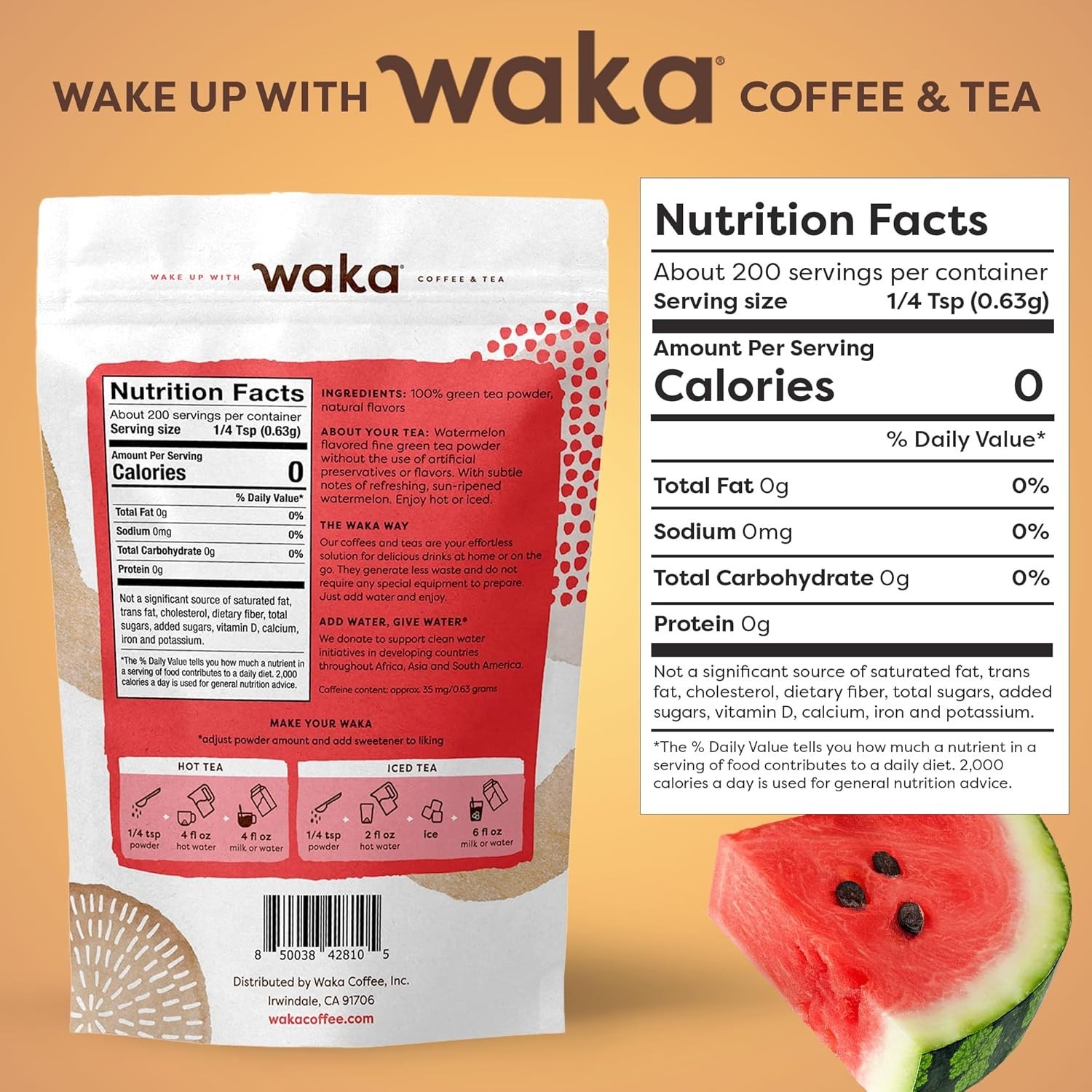 Waka Instant Green Tea Mix, Watermelon Flavored – 100% Tea Leaves, No Additives