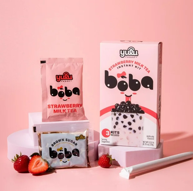 Yulu Foods Instant Boba Strawberry Milk Tea, Bubble Tea Kit, 3 Drinks