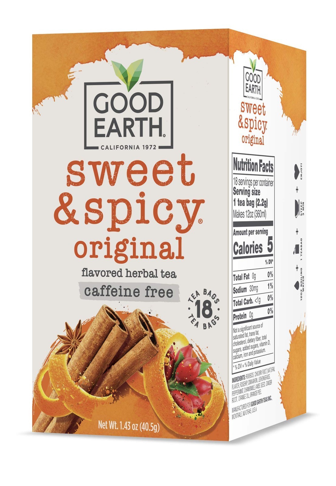 Good Earth Sweet And Spicy Herbal Tea Bags 18 Count Gluten Free Caffeine Free