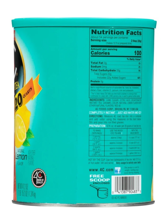 (2 Pack) 4C Decaffeinated Iced Tea Lemon Mix 20 Quarts 47.2 oz ( 4 Lb. Total )