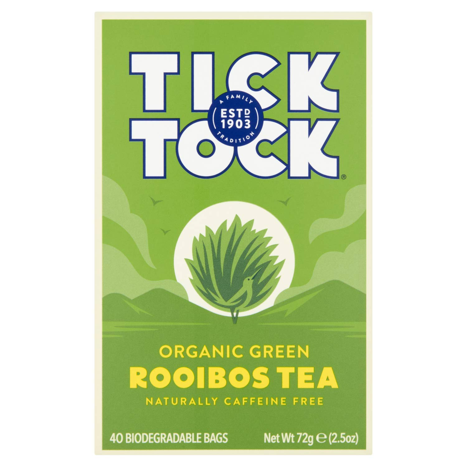 TICK TOCK TEAS Naturally Caffeine Free Red Bush Herbal Green Tea, 40 Count, Orga