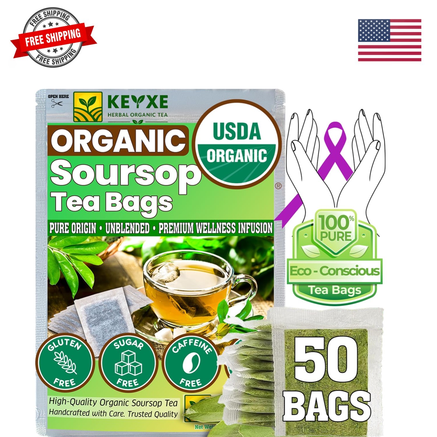 USDA Organic Soursop Graviola Leaves Tea 50 Bags. Non-GMO Verified , 100% Org…