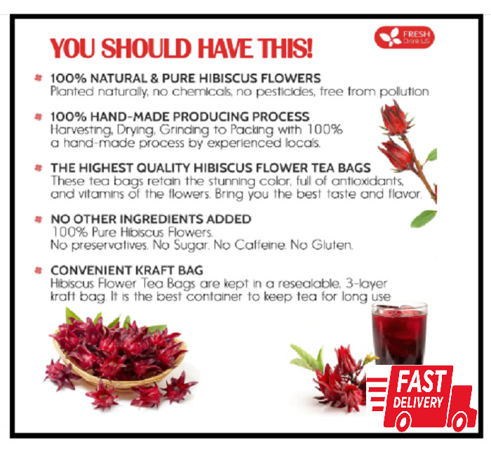 FreshDrinkUS, Premium 140 Hibiscus Flowers Tea Bags, 100% Natural, Pure from No
