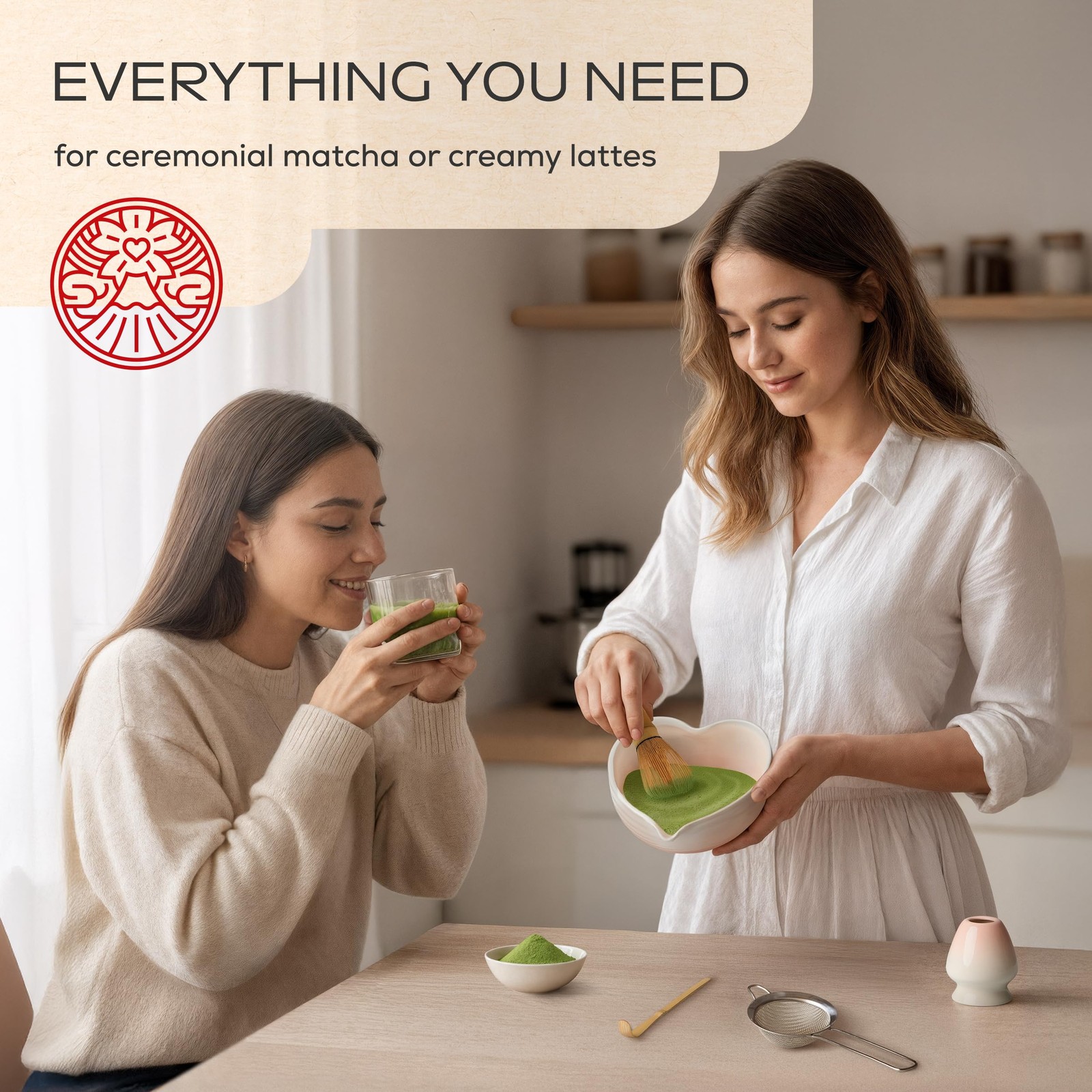Matcha Whisk Set Heart Shaped Bowl Sifter Scoop Cute Tea Gift Kit