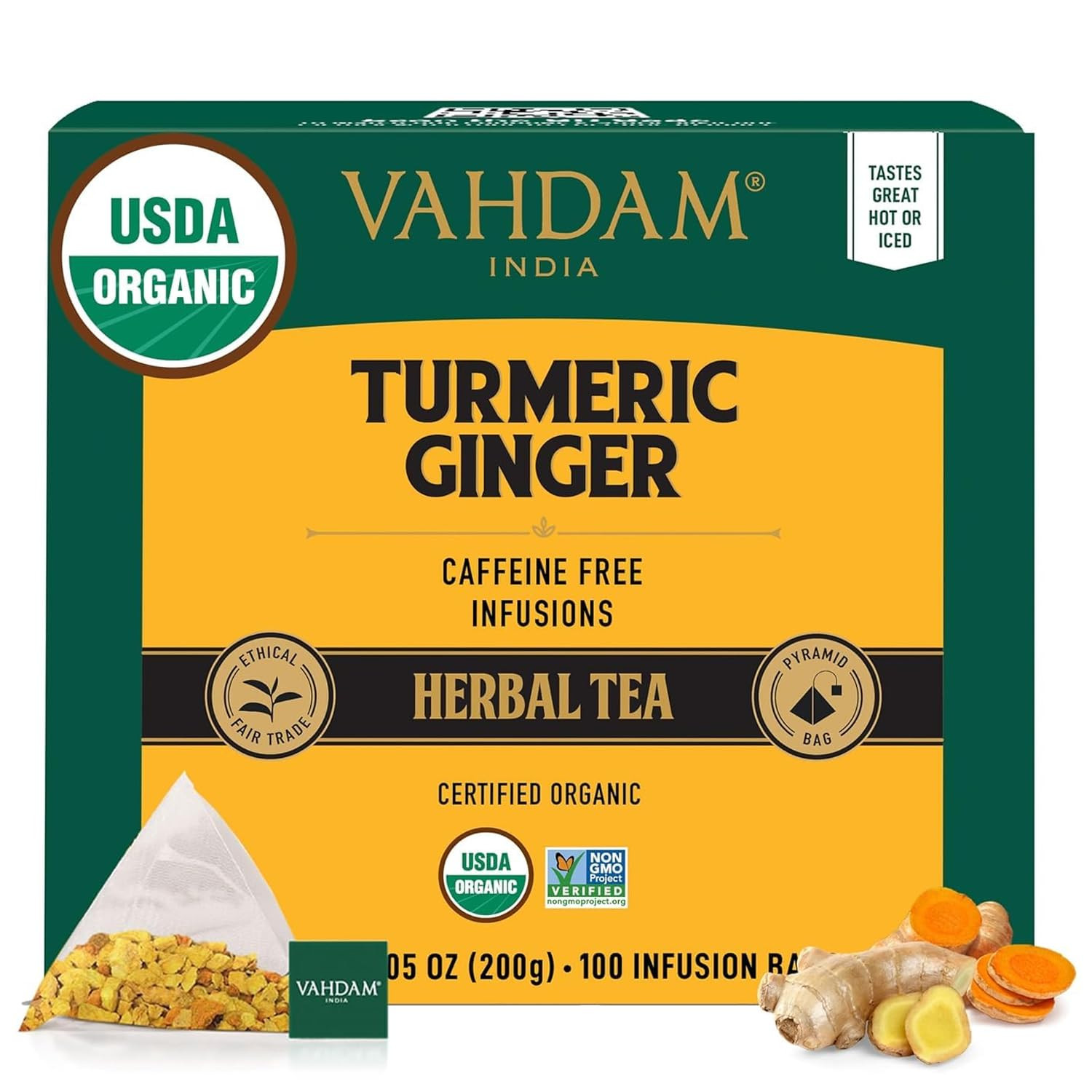 VAHDAM Organic Turmeric Ginger Herbal Tea Bags (100 Pyramid Tea Bags) Caffeine F