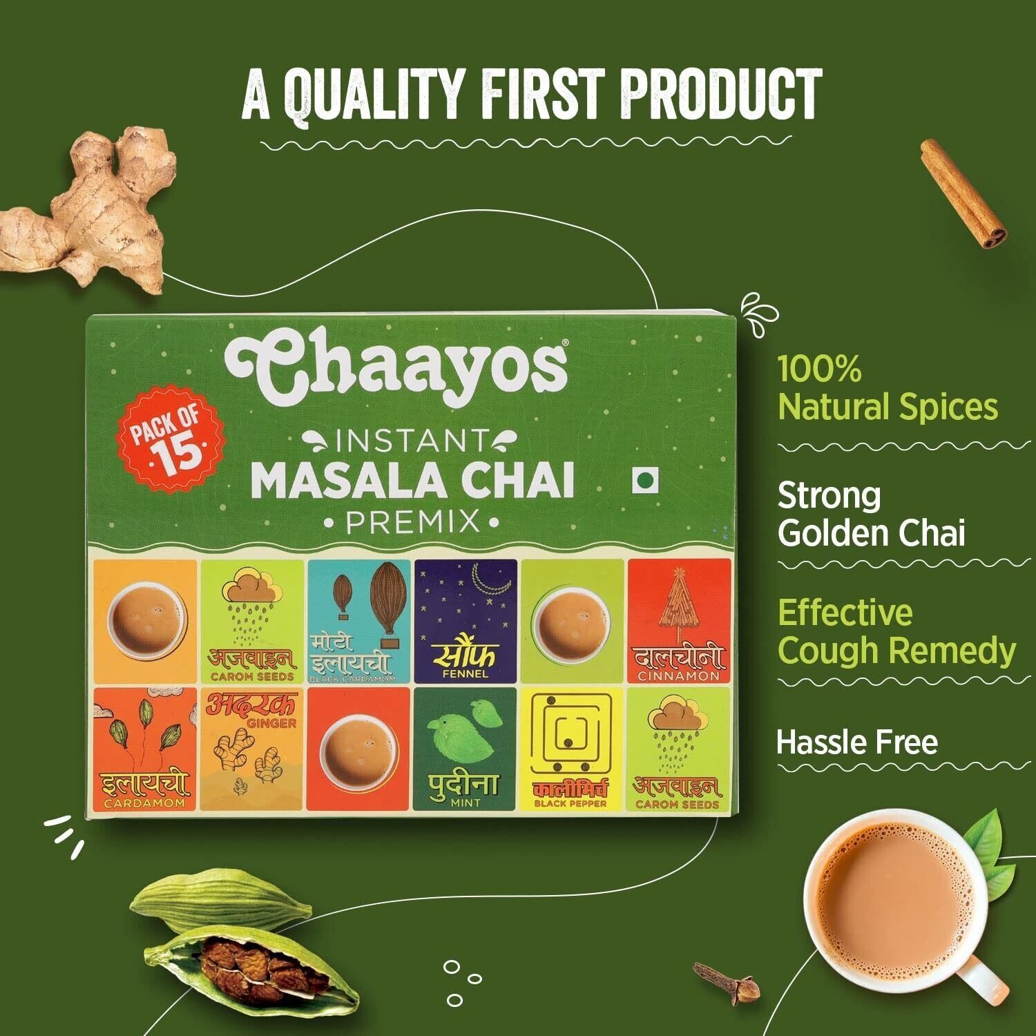 Chaayos Instant Tea Premix – Regular Sugar – Masala Flavour (15 Sachets)