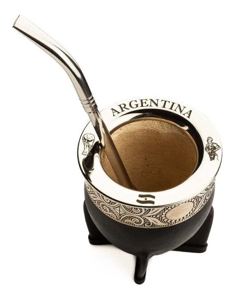 Argentina Imperial Yerba MATE Gourd CUP + STRAW German Silver Leather Messi tea