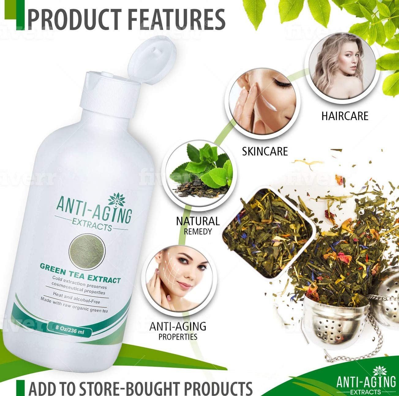 Pure Green Tea Extract for Skin and Hair – 8 Fl Oz (Pack of 1), Amber