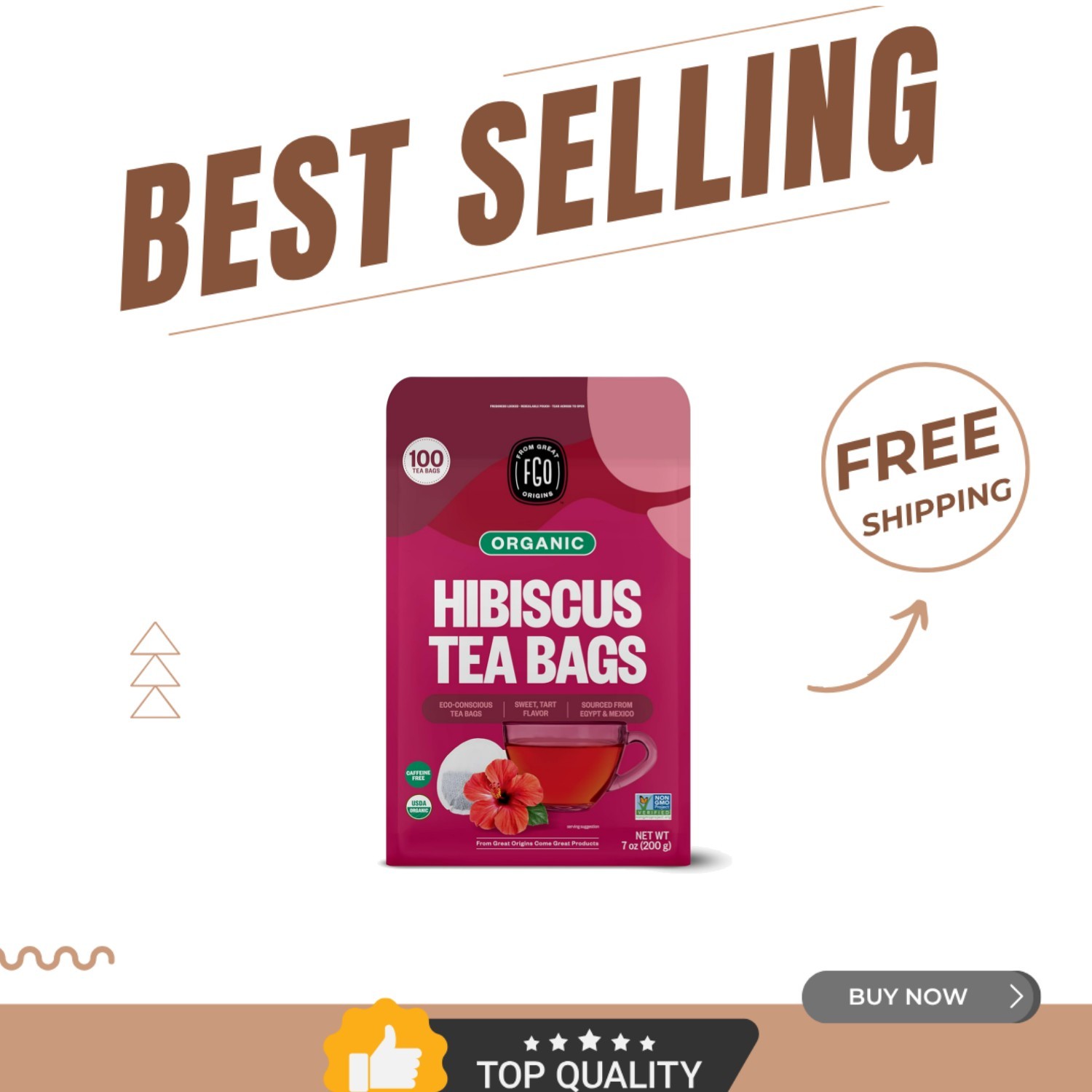 100 Count Organic Hibiscus Tea in Eco-Conscious Bags – Non-GMO & Caffeine-Free