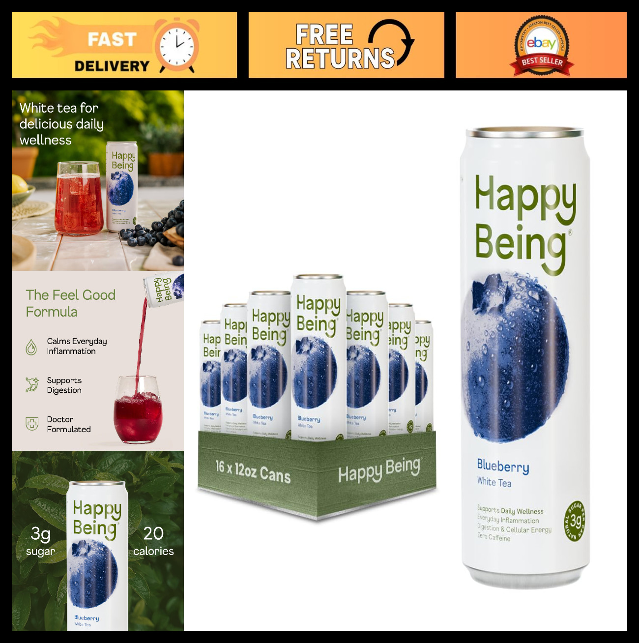 Antioxidant-Rich Blueberry White Tea, Low Sugar, 12oz – 16 Pack, Healthy Beverag