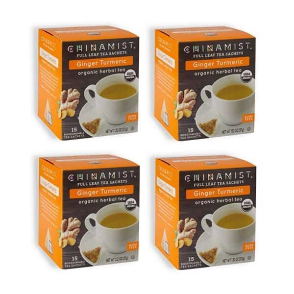China Mist Full Leaf Tea Sachets, Ginger Turmeric Organic Herbal Tea, 4 boxes