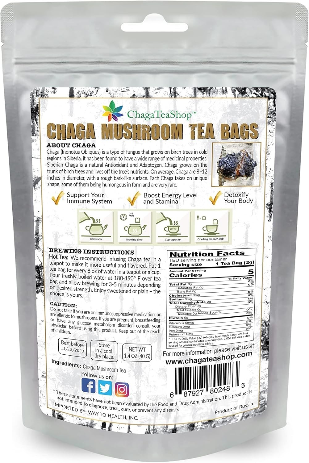 Siberian Chaga Mushroom Individual Filter Tea Bags 20 Filter Bags Net Wt 1.4…