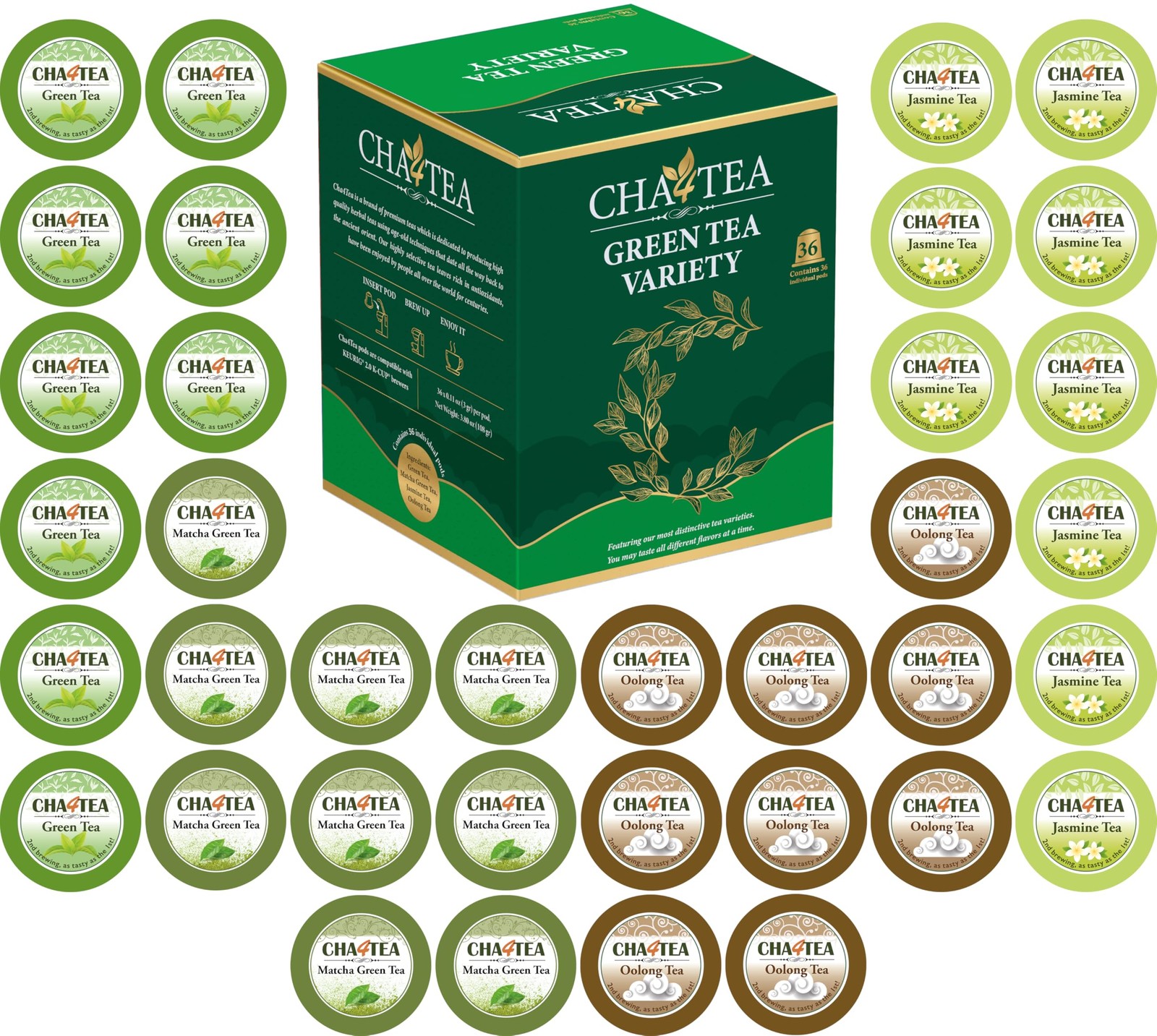 Cha4TEA 36-Count K Cups Assorted Green Tea for Keurig K-Cup Brewers (Matcha G…