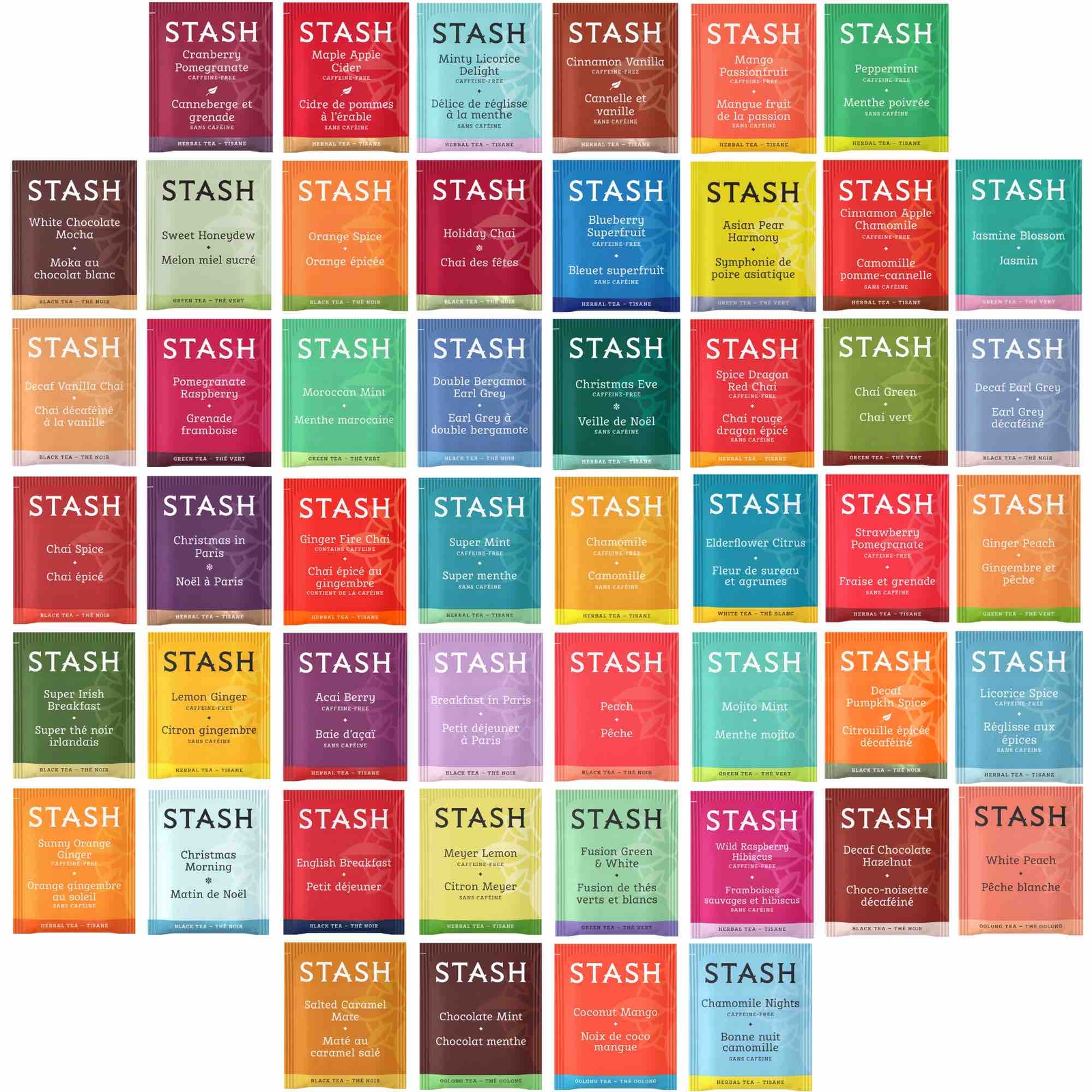 Stash Tea Bags Sampler – Caffeinated, Herbal and Decaf – 50 Ct, 50 Flavors