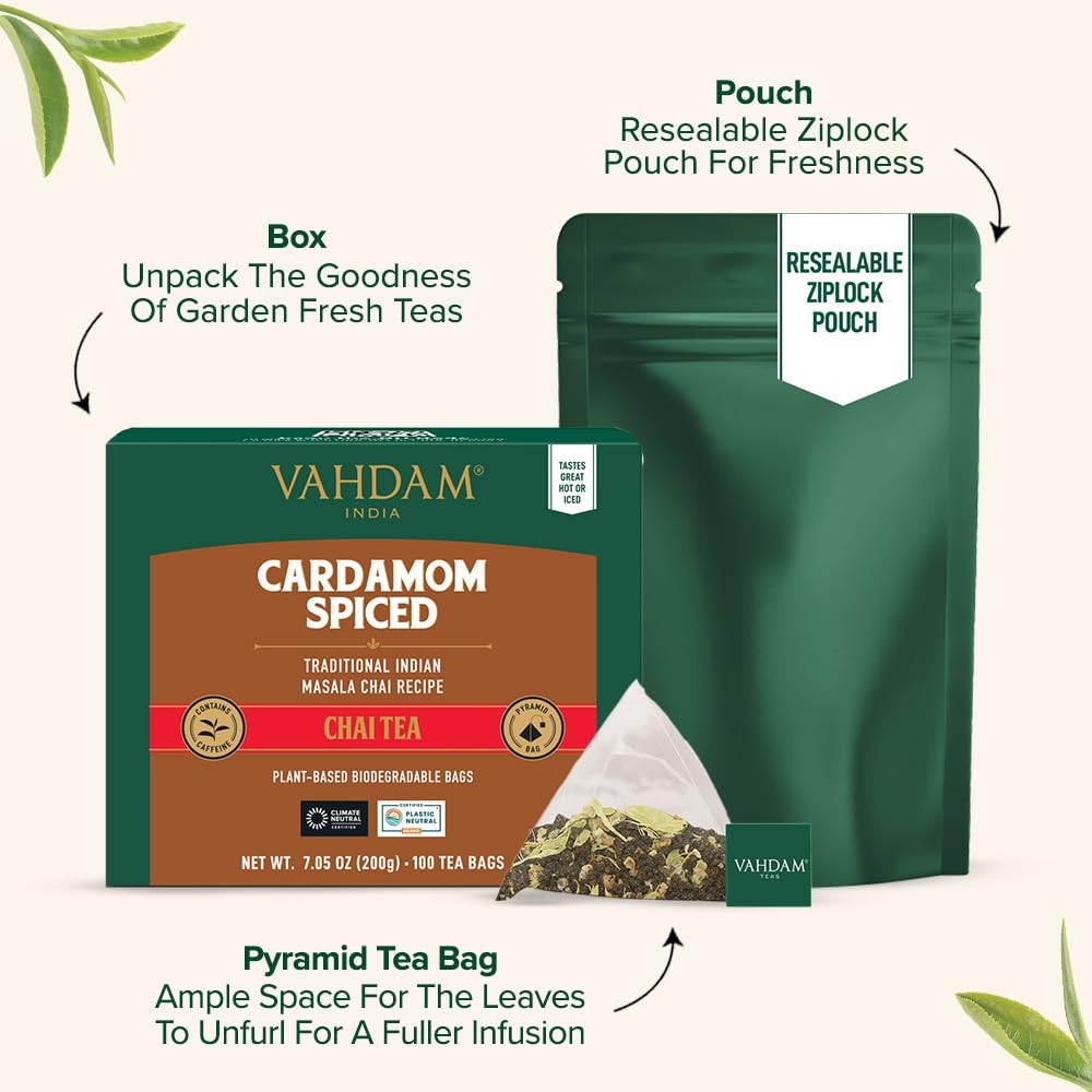 VAHDAM, Cardamom Masala Chai Tea Bags (100 Count) Non GMO, Gluten Free, No…