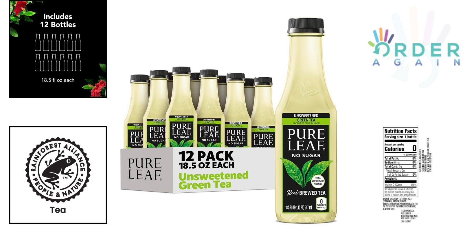 Pure Leaf Green Tea Unsweetened Bottles Pack 12 18.5 fl oz Natural Refreshing