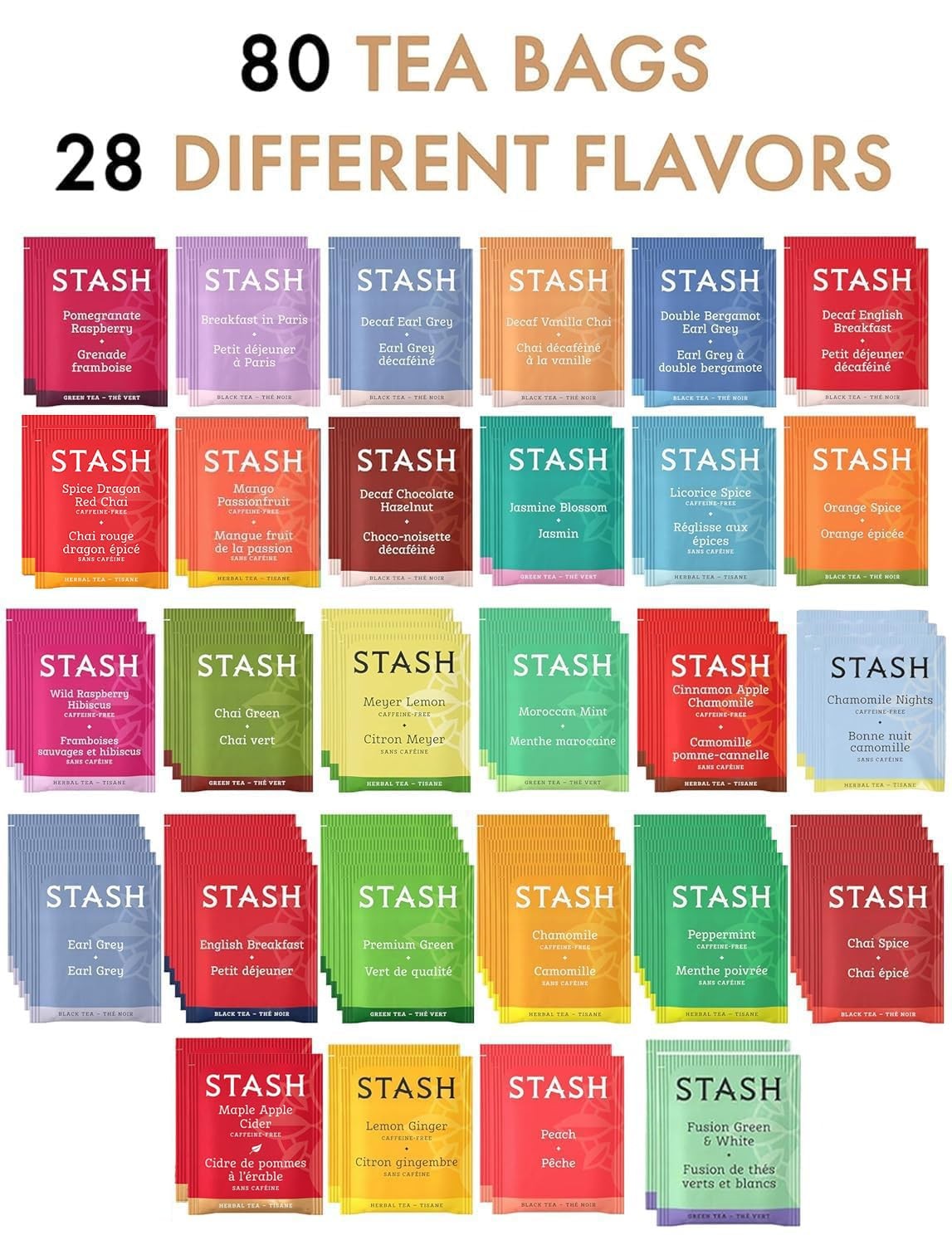 Tea Bags Sampler Gift Box – 80 Count, 28 Flavors – Wooden MDF Tea Organizer i…