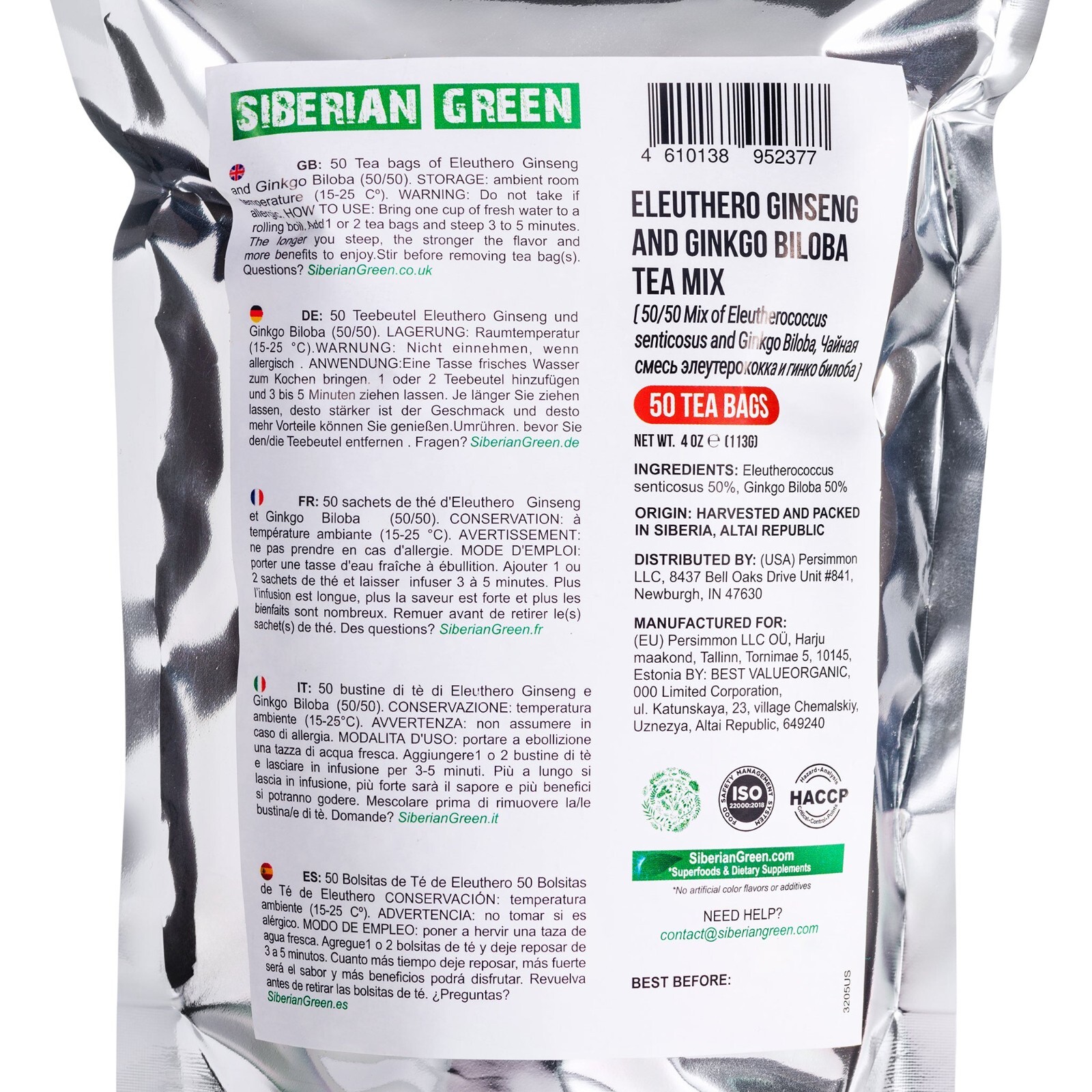 Siberian Green Ginkgo Biloba Tea with Eleuthero Root – 50 Tea Bags