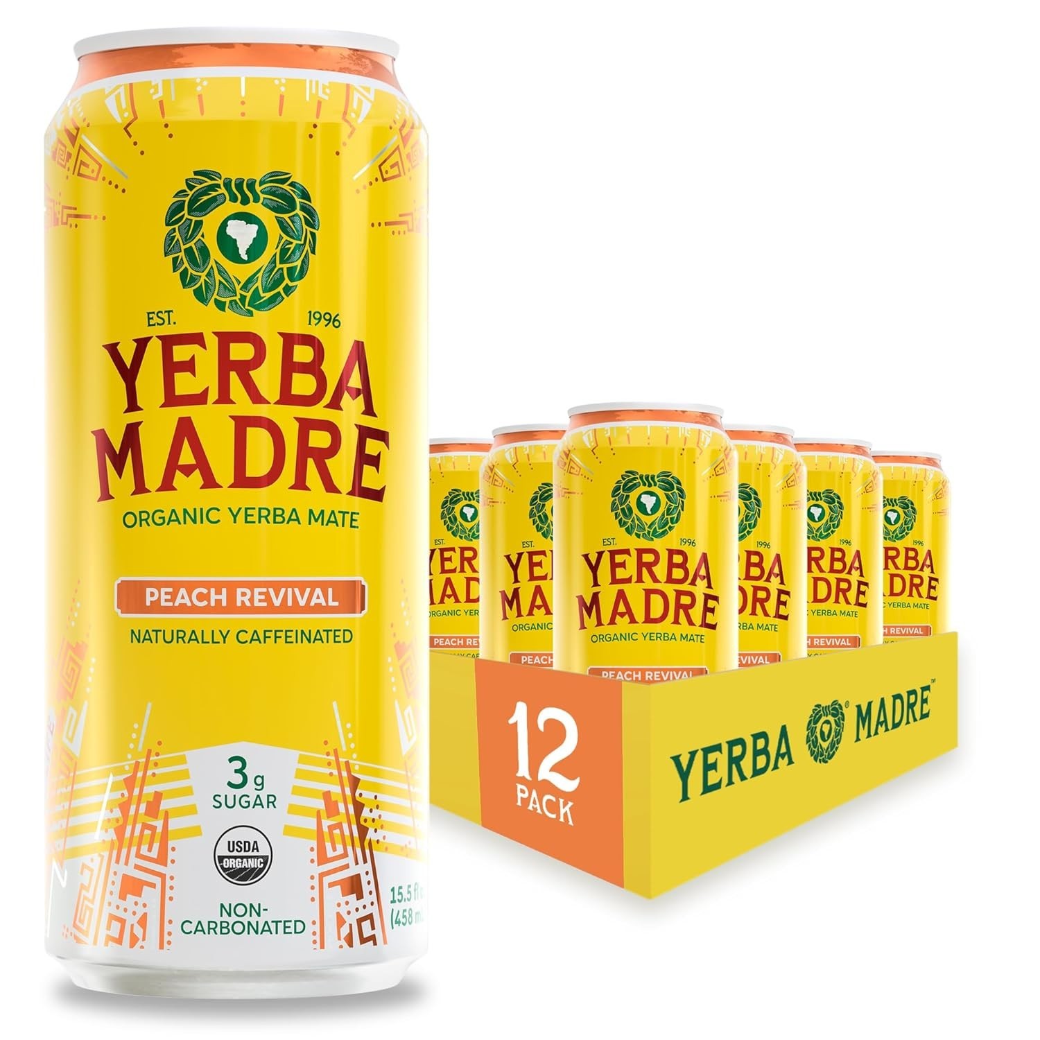 Yerba Madre Organic Yerba Mate, Low Sugar Peach Revival, 150mg Natural Caffeine