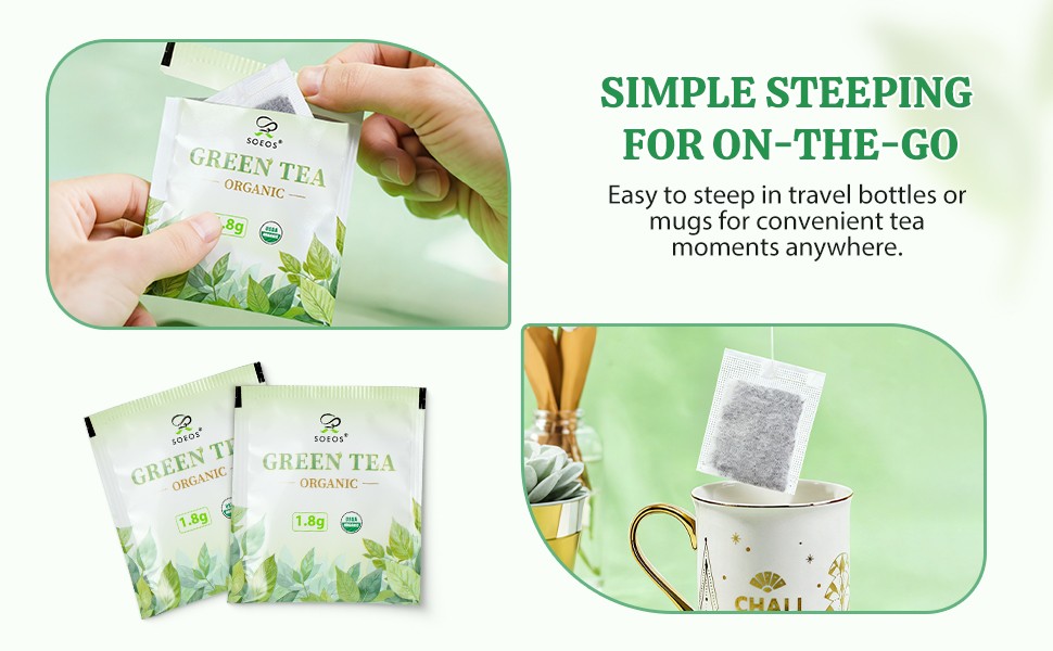 Organic Green Tea, 6.3 oz (180g), 100 Tea Bags, Refreshing and Fragrant,