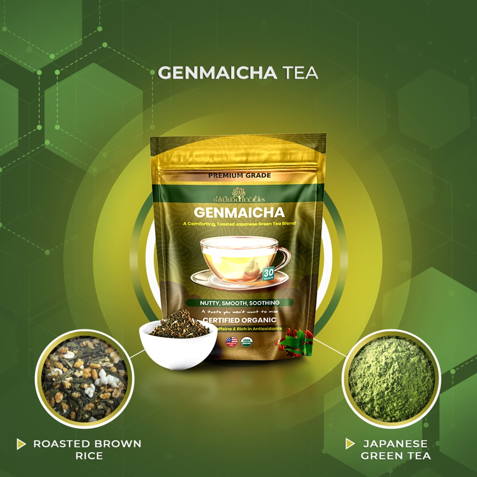 Golden Herbs Japanese Genmaicha Green Tea – Premium Roasted Brown Rice Blend