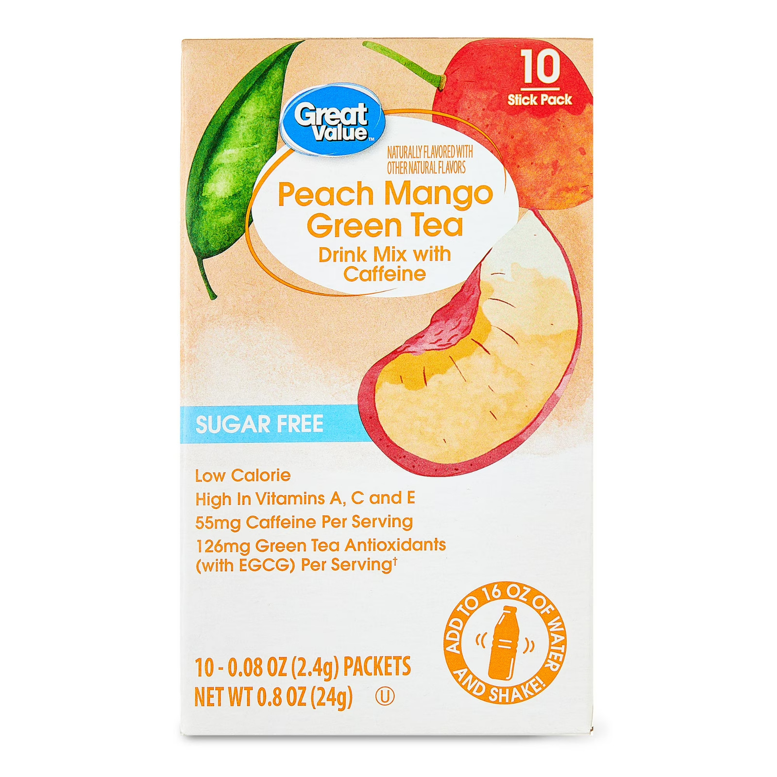 24p Great Value Sugar-Free Peach Mango Green Tea Powdered Drink Mix, 0.08 oz