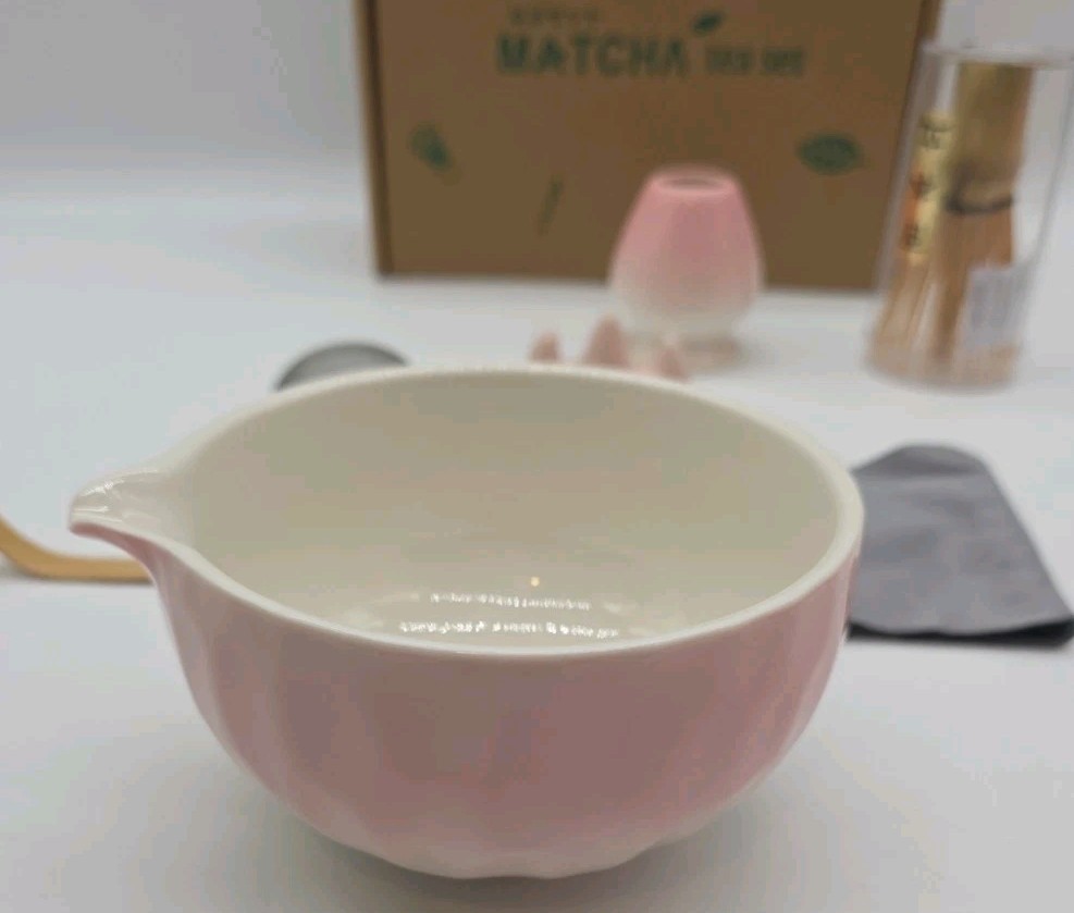 Matcha Tea Whisk Set 8 Pieces Pink Ceramic Mixing Bowl Bamboo Wisk New