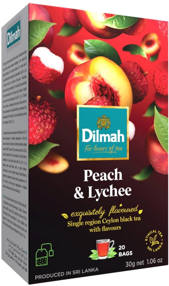 6 DILMAH PEACH & LYCHEE Flavor Ceylon Black Tea Boxes (120 servings total)