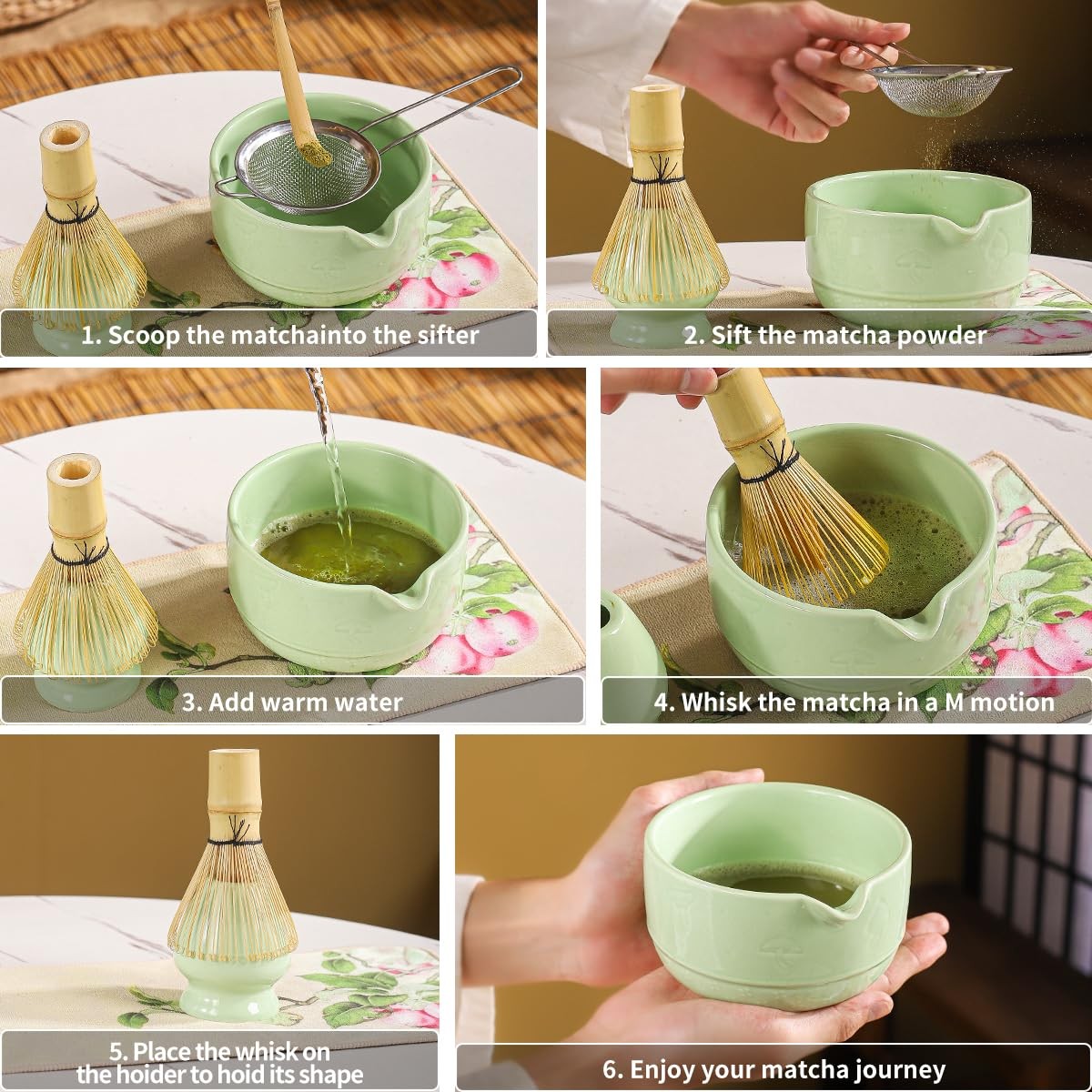 Matcha Set, 8-Piece Ceramic Matcha Bowl & Whisk Kit with Mushroom Pattern, Tr…