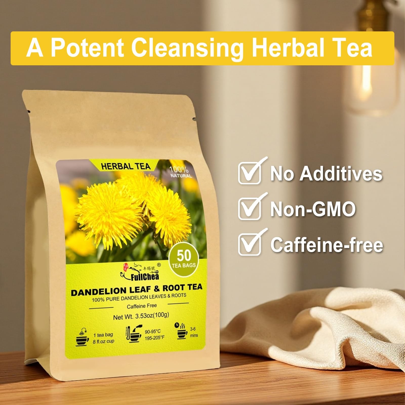 FullChea – Dandelion Leaf & Root Tea bags, 50 Teabags, 2g/bag – Natural Dandelio