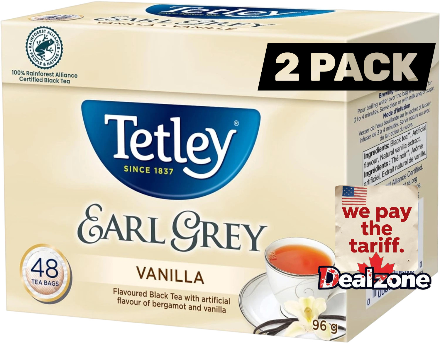 2 Pack Tetley Earl Grey Vanilla Tea (48 Each) – From Canada