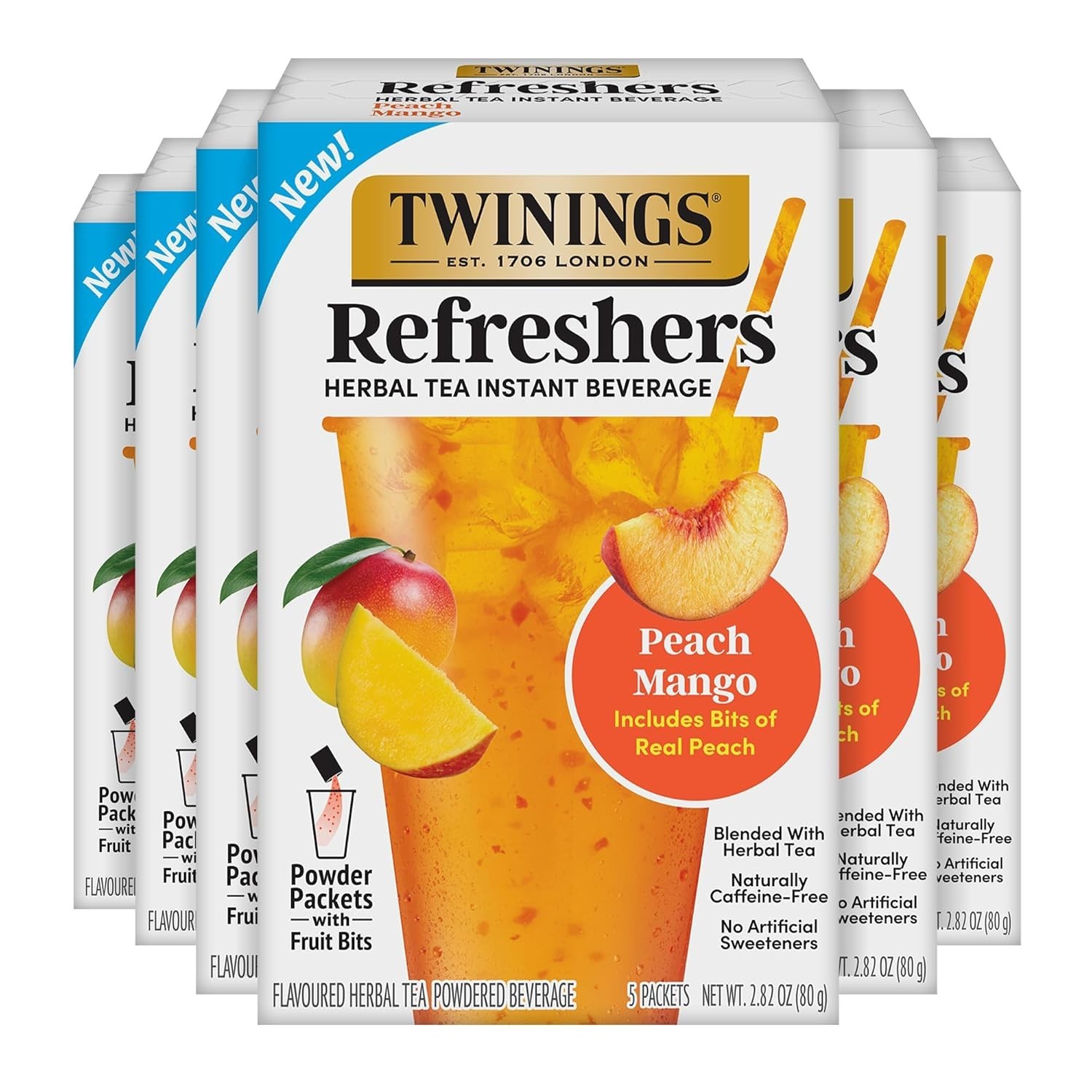 NEW Twinings Peach Mango Refreshers, Herbal Tea Instant Beverage 5 Count (Pack 6