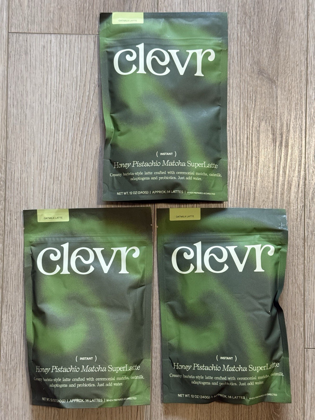 3x Clevr OatMilk Latte Honey Pistachio Matcha SuperLatte 12oz Each Bag (3 Pack)