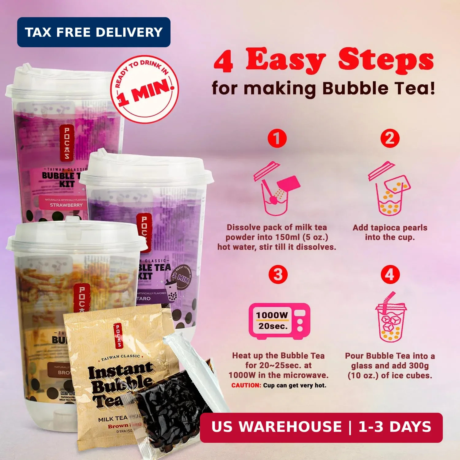 Pocas Bubble Tea Kit, Variety 6-Pack Party Set – Strawberry, Taro, and Brown Sug