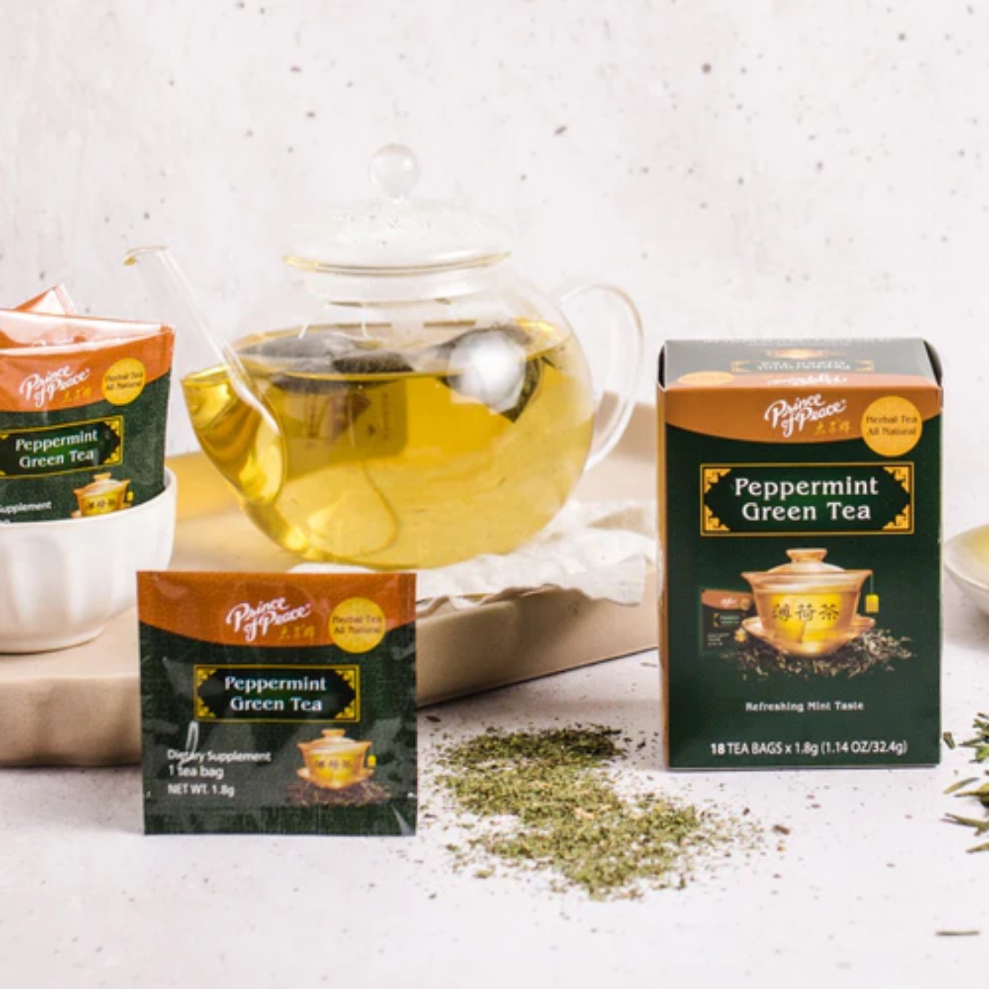 Peppermint Green Tea Herbal Tea- 6 Boxes- 18 Tea Bags Each Box -Prince of Peace