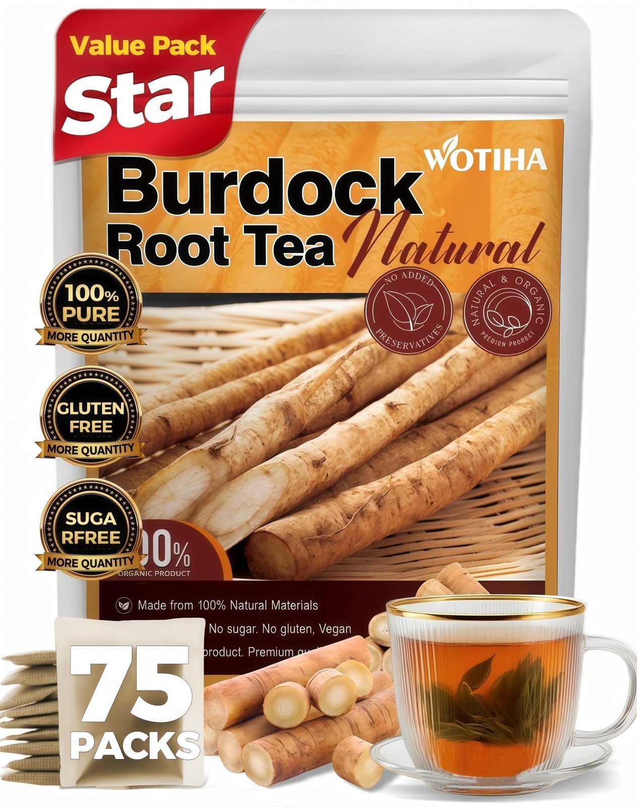 75 Count Burdock Root Tea Bags Natural Detox, Liver Support, Digestion Aid